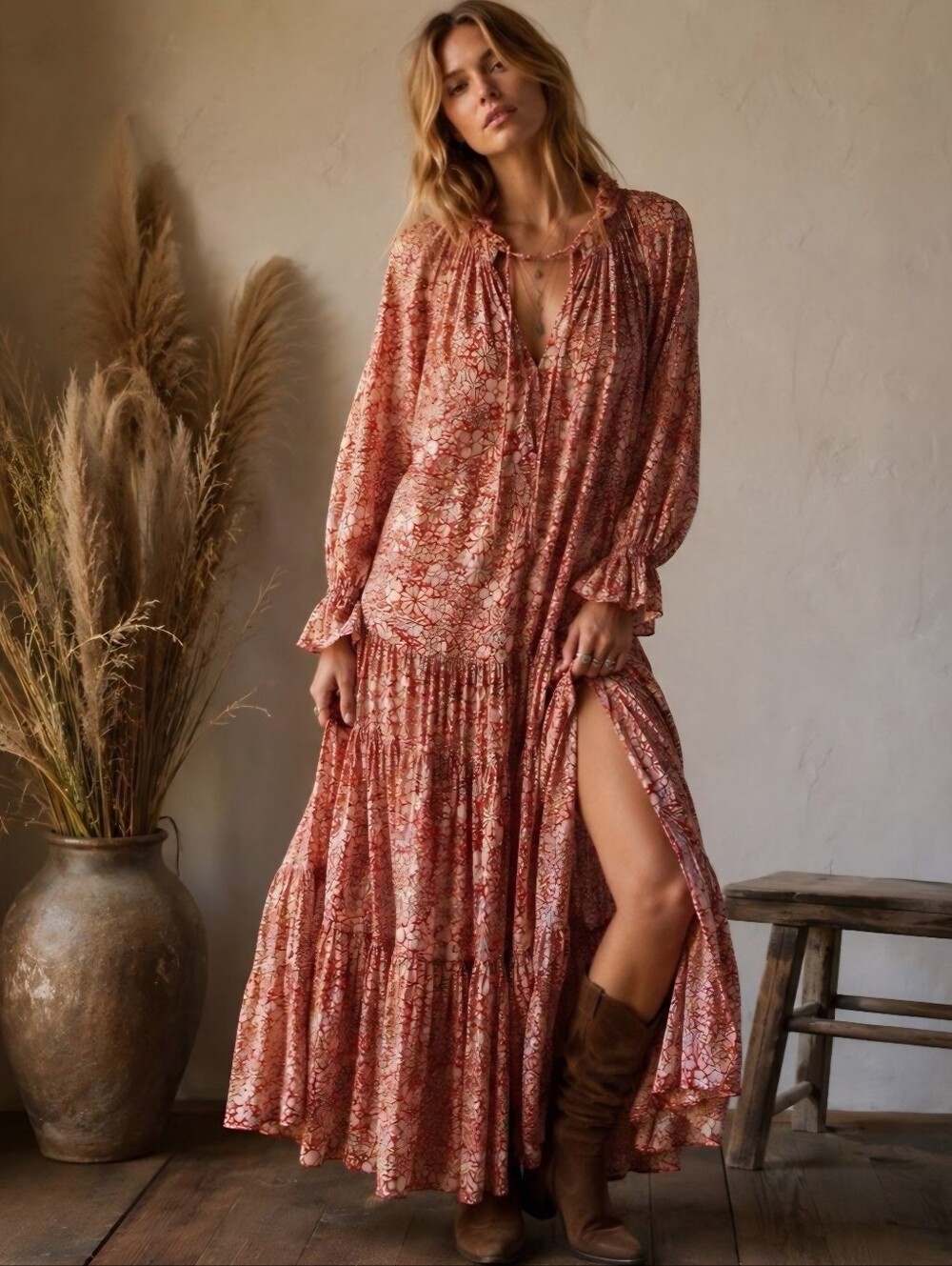 FREE PEOPLE Feeling Groovy Floral Tiered Praire Cottagecore Boho Maxi Dress SZ M